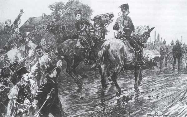 Jugendliche Arbeiter bedrohen eine Militärpatrouille, 1889