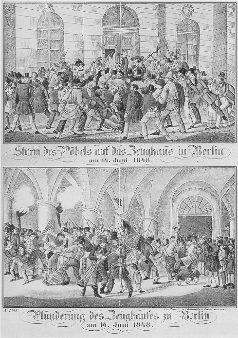 "Sturm des Pöbels auf das Zeughaus in Berlin" und "Plünderung des Zeughauses zu Berlin" am 14. Juni 1848, Neuruppiner Bilderbogen, No. 1348, Farblithographie