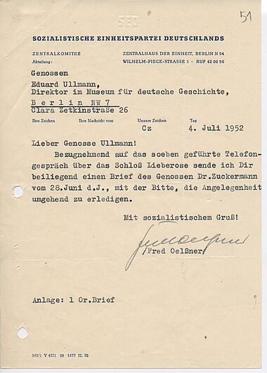 Schreiben Fred Oelßners an Eduard Ullmann vom 4. Juli 1952 (DHM-HArch MfDG/484.3, Bl. 51) © DHM