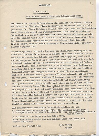 Abschrift des Berichts der MfDG-Mitarbeiter von der Dienstreise nach Lieberose vom 23. Juli 1952 (DHM-HArch MfDG/484.3, Bl. 44) © DHM