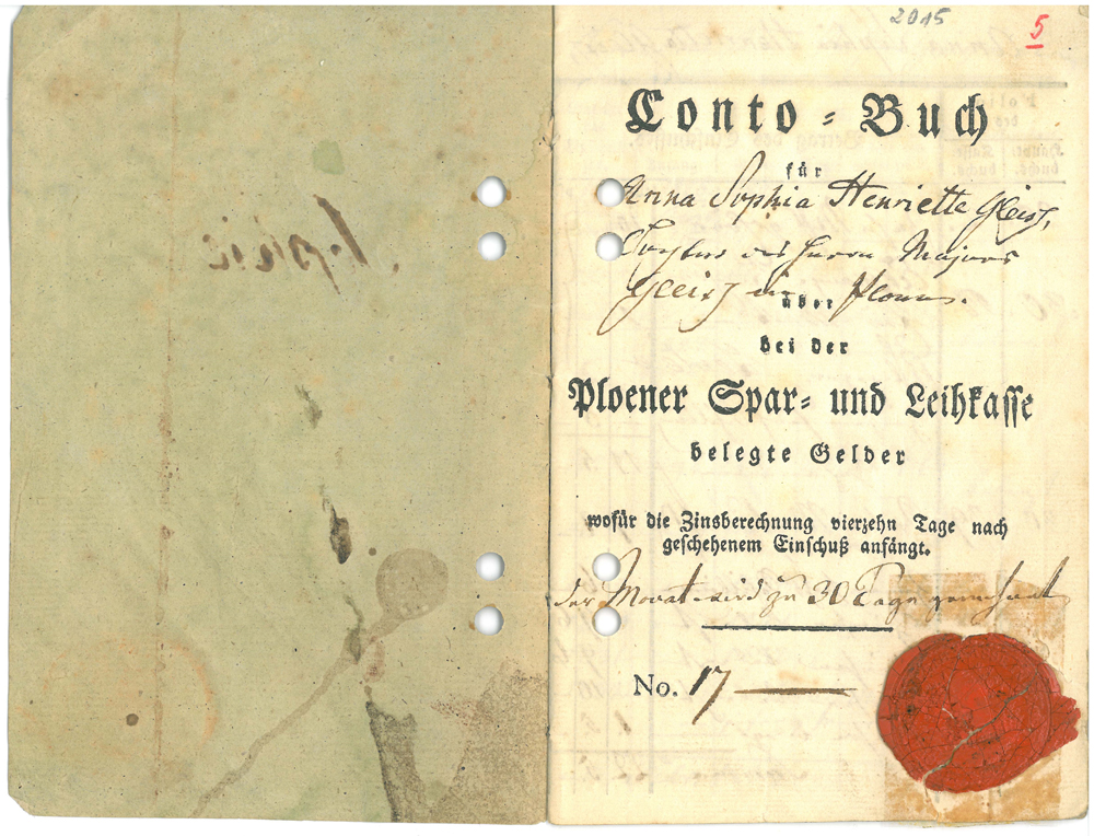 Savings book of the Savings and Lending Bank of Plön for Anna Sophia Henriette Gleiss, 1826–1847 © Deutscher Sparkassen- und Giroverband e.V., Sparkassenhistorisches Dokumentationszentrum