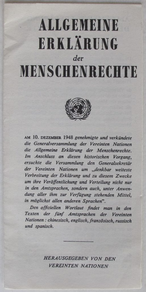 German version published in a flyer with the text “Allgemeine Erklärung der Menschenrechte“, announced by the United Nations General Assembly in 1948 © DHM