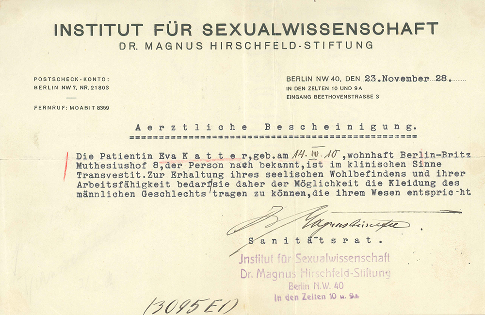 Transvestiten-Bescheinigung des Institut für Sexualwissenschaft für Eva Katter, Berlin, 1928 © Magnus-Hirschfeld-Gesellschaft e.V.