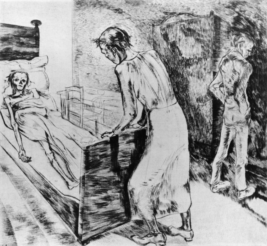 Lea Grundig, The Dying Child (The Sick Child), 1935, etching, 25.2 x 27 cm. Sheet 11 of the series “Women’s Lives”, © akg-images, Lea Grundig / VG Bild-Kunst 2019.