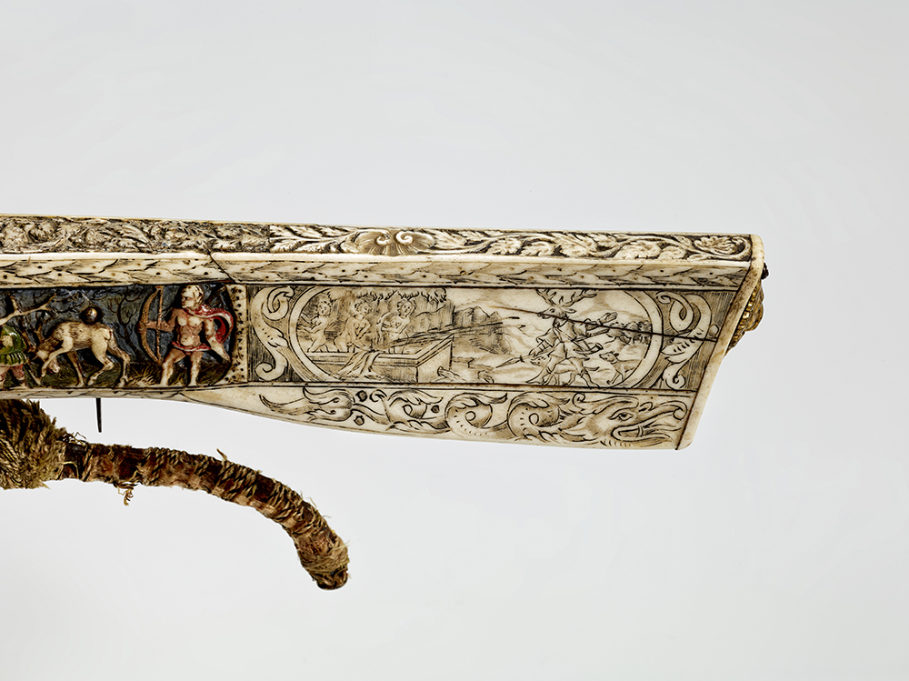 Diana and Actaeon, detail of crossbow (Halbe Rüstung) with polychrome relief decoration, southern Germany, 1567, inv. no. W 1132, © DHM