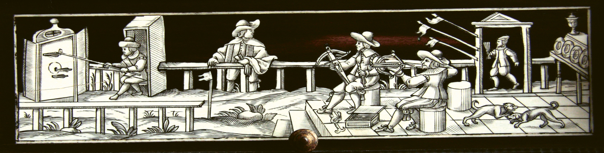 Armbrustschützen bei einem Turnier. Darstellung auf einem Schrank Carl Gustaf Wrangels, Augsburg, um 1650 © Statens Historiker Museer – Schloss Skokloster