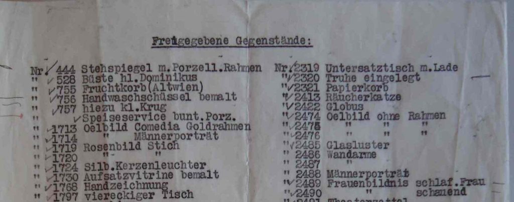 Liste "Freigegebene Gegenstände", November 1938, Seite 1, Ausschnitt: Auflistung der Inventarnummern 2474-2476. Wienbibliothek, ZPH 1565, Box 11, Dok. Nr. 2.4.56.