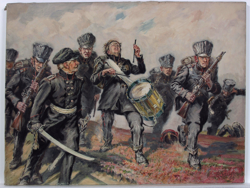 Die Verwundung von Eleonore Prohaska alias August Renz während der Schlacht an der Göhrde im Gemälde „Eleonore Prohaska“ (Paul Sauer, 1956), beauftragt vom Museum für Deutsche Geschichte der DDR. © DHM