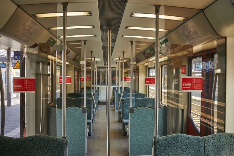 Empty S-Bahn carriage with hygiene notices, Berlin, 25 April 2020 / DHM © Desnica, Indra