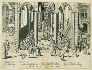 Kupferstich, Bildersturm der Calvinisten in der Liebfrauenkathedrale in Antwerpen, um 1566 