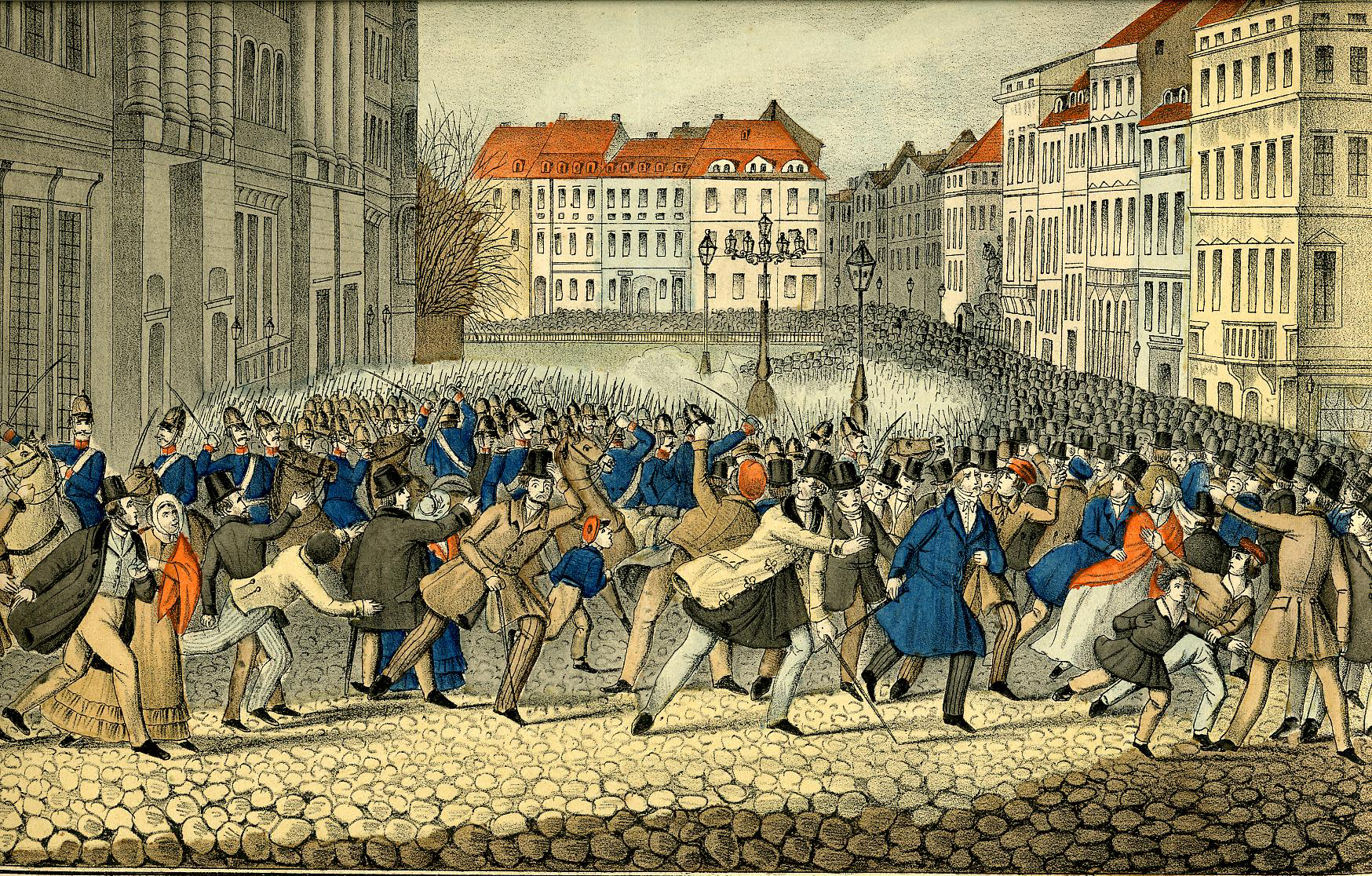 [Grafik: Erster Angriff der Kavallerie auf das unbewaffnete Volk vor dem Schloss in Berlin, 1848]