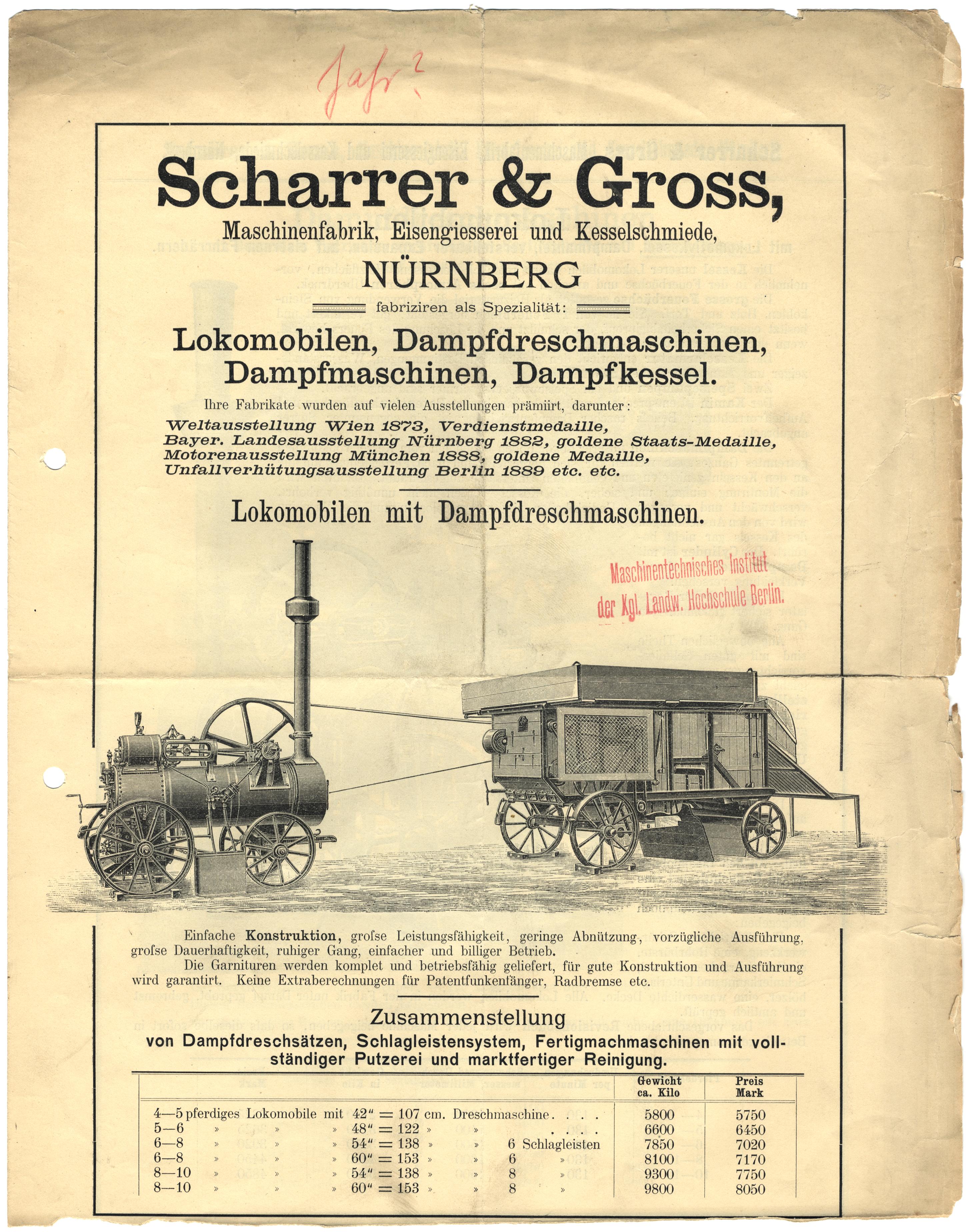 Prospekt für Lokomobilen und Dampfdreschmaschinen, 1880/1930