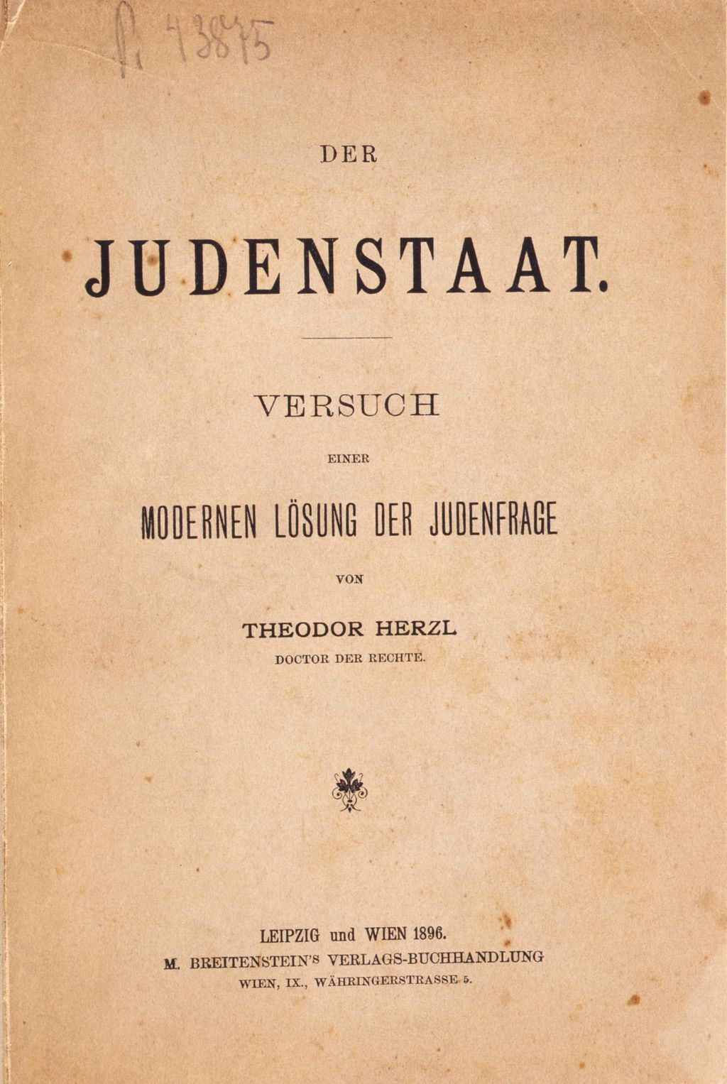 Buch: Herzl, Theodor "Der Judenstaat", 1896