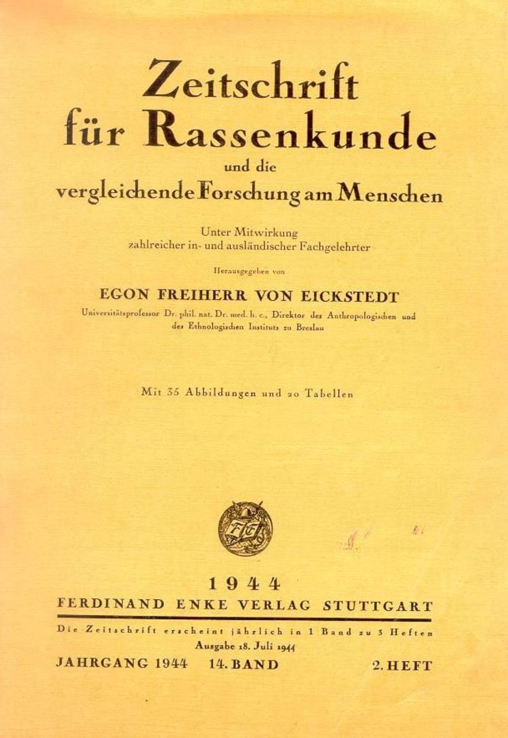 Exponat: Zeitschrift: Fachorgan "Zeitschrift für Rassenkunde", 1944