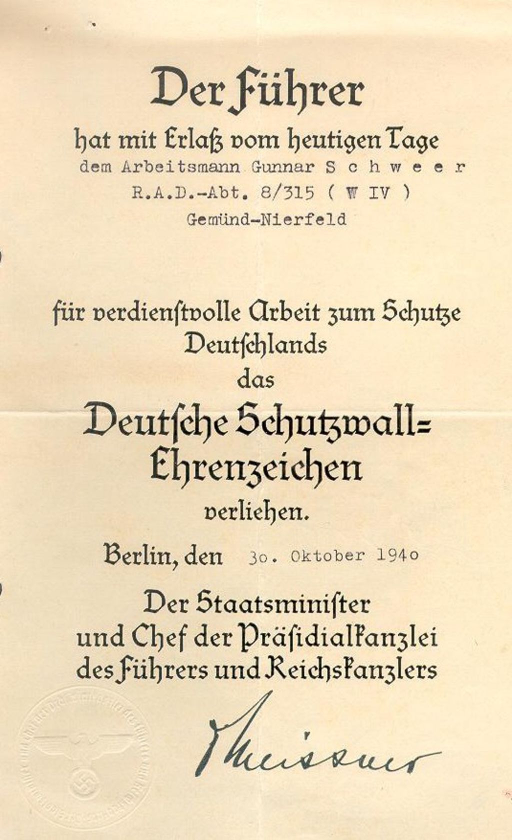 Exponat: Urkunde: Deutsches Schutzwall-Ehrenzeichen, 1940