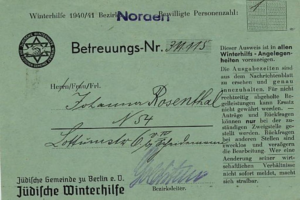 Exponat: Ausweis: Jüdisches Winterhilfswerk, 1940/41
