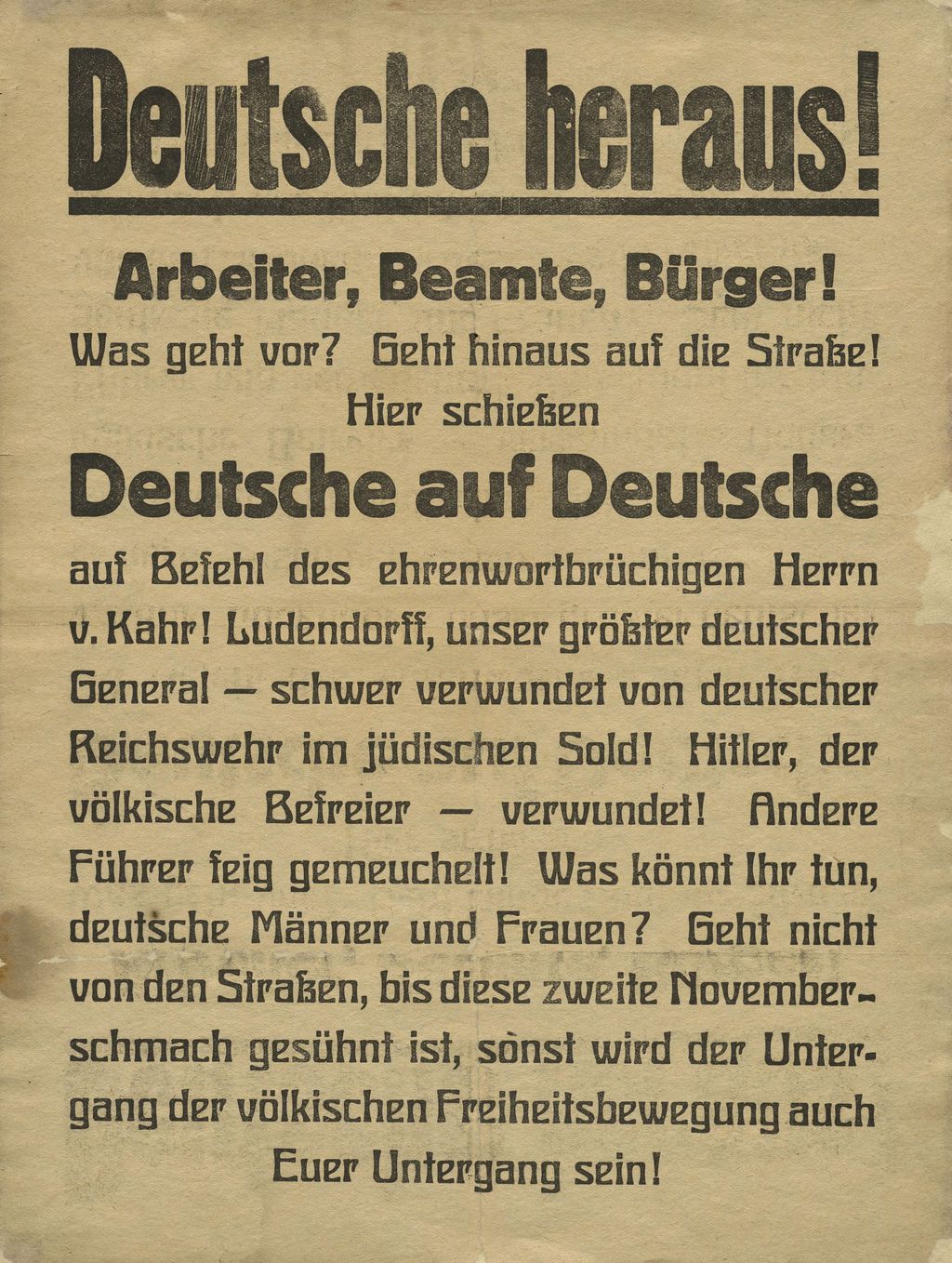 Nationalsozialistisches Flugblatt zur Niederschlagung des Hitler-Putsches, 1923