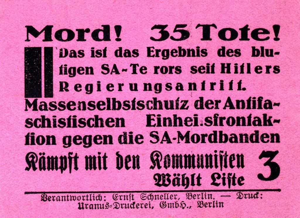 Exponat: Druckschrift: KPD-Klebezettel zu den Reichstagswahlen, 1933