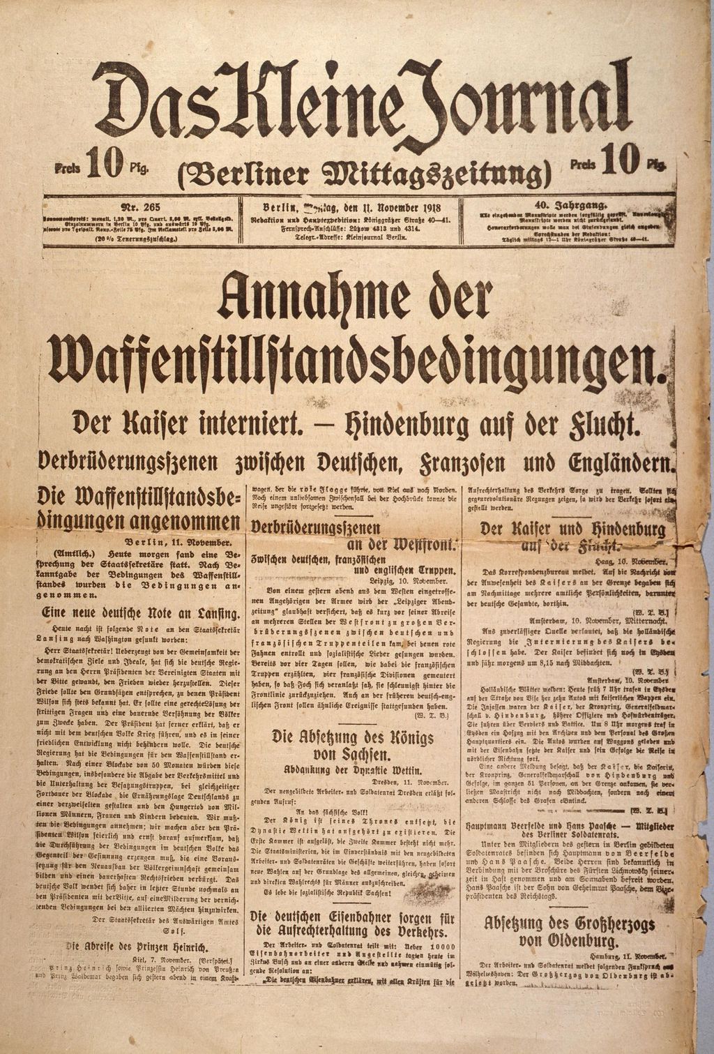 Exponat: Zeitung: "Annahme Waffenstillstandsbedingungen" Das Kleine Journal, 1918