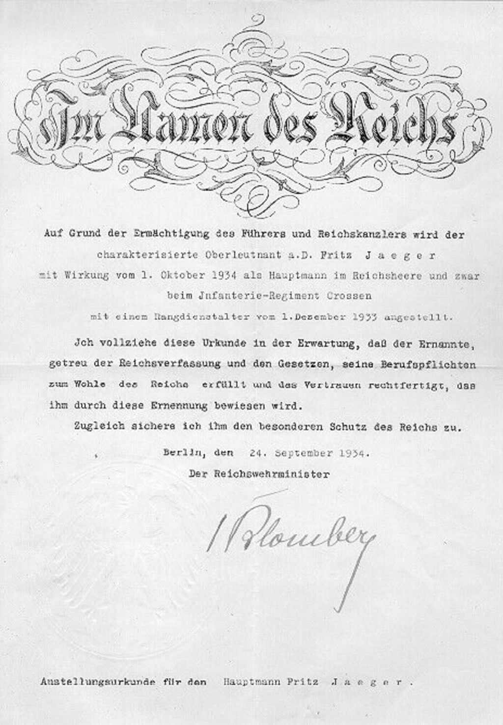 Exponat: Urkunde: Ernennung zum Hauptmann der Reichswehr, 1934