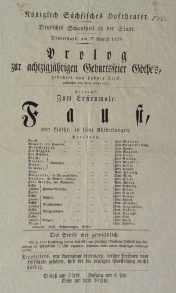 [Theaterplakat des Königlich Sächsischen Hoftheaters in Dresden zur Ankündigung der Uraufführung des Faust von Goethe in fünf Abteilungen am 27. August 1829]