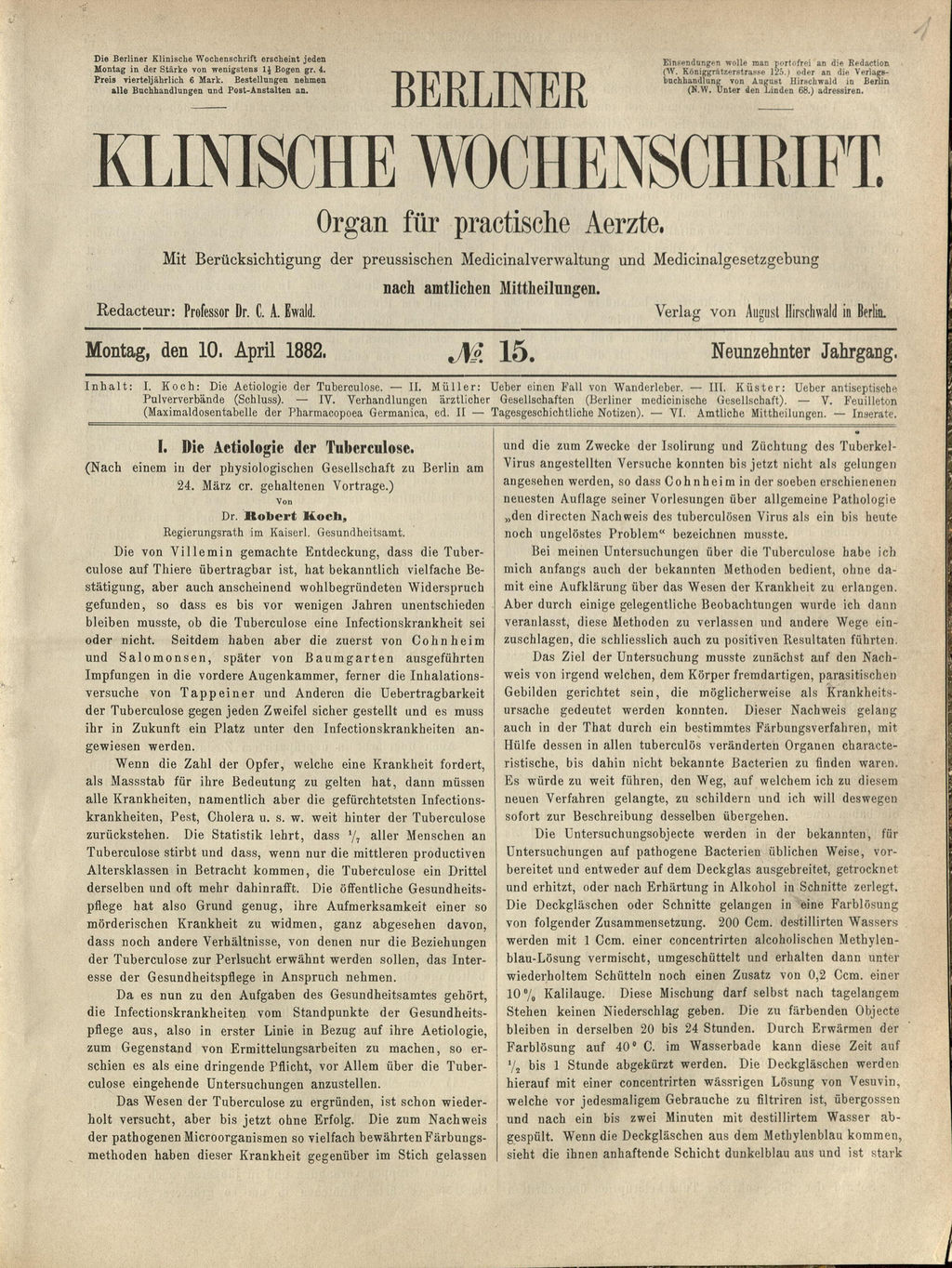 Zeitschrift: Koch, Robert, Die Aetiologie der Tuberculose, 1882