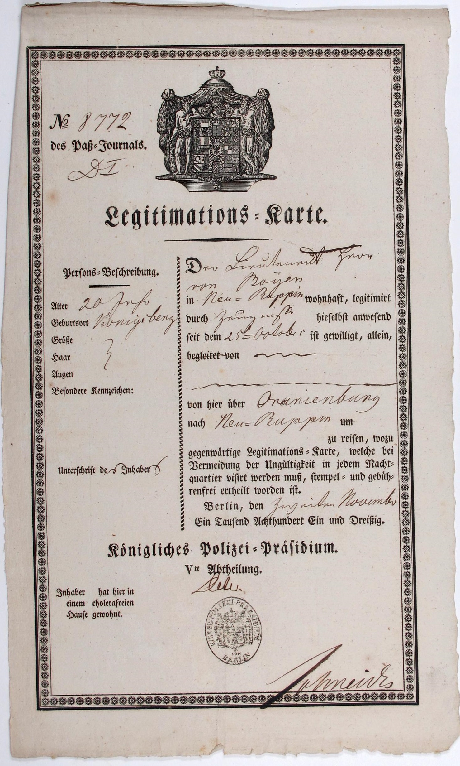 Preußische Legitimationskarte für Lieutnant von Boyen über Wohnung in einem cholerafreien Haus und Reiseerlaubnis von Berlin über Oranienburg nach Neu-Ruppin, 02. November 1831