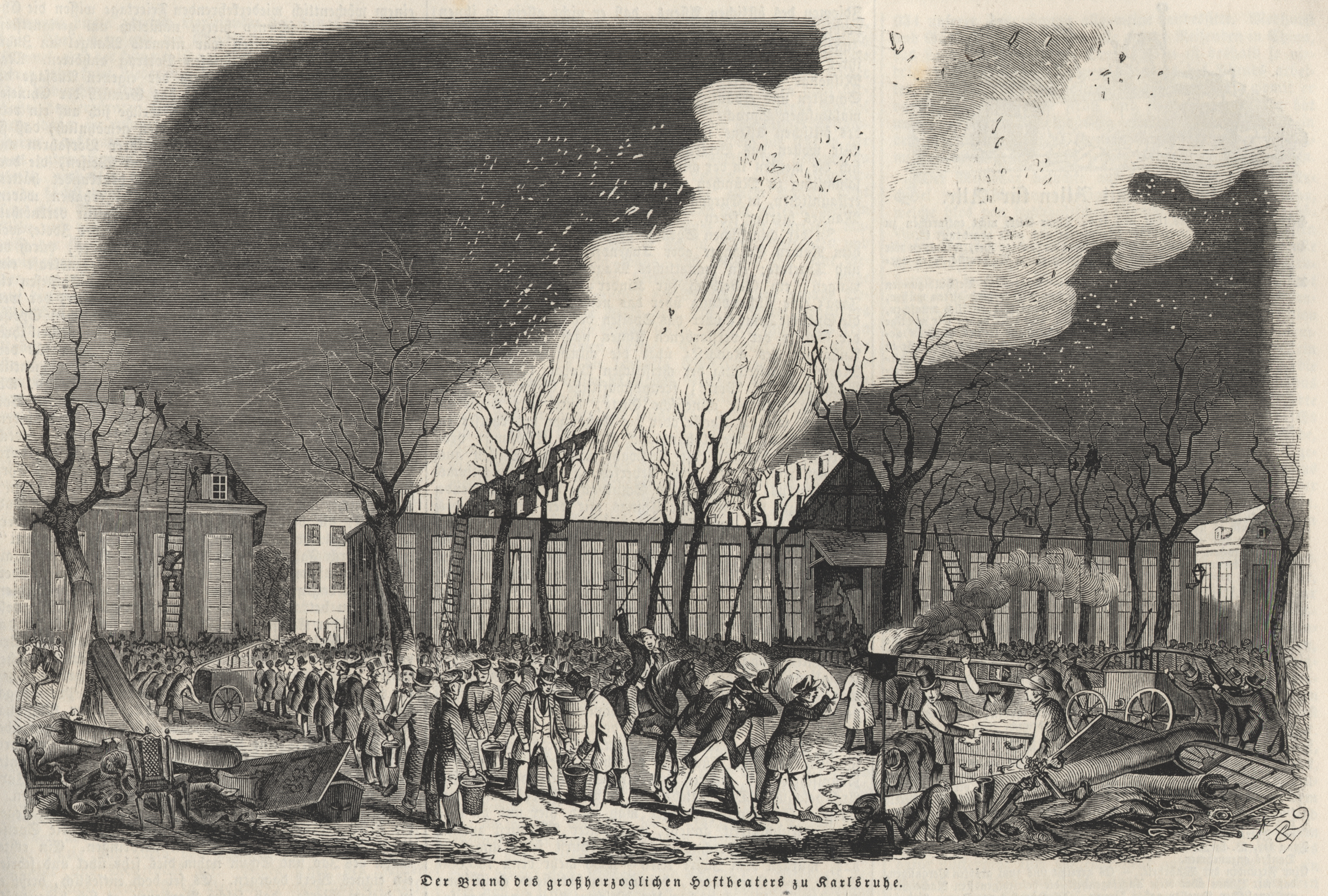 Grafik: Brand des Hoftheaters in Karlsruhe, 1847