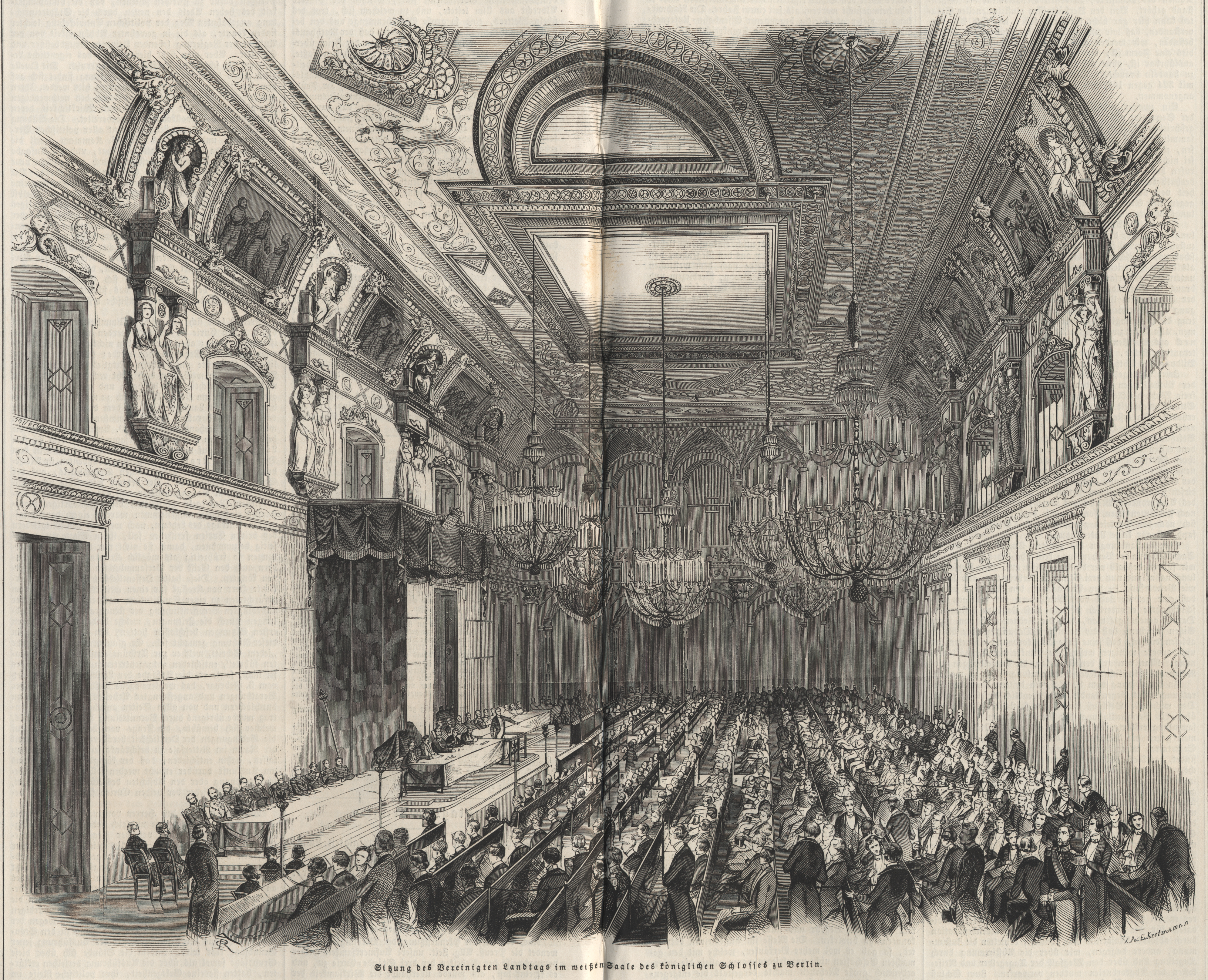 Grafik: Sitzung des Vereinigten Landtags im weißen Saal des königlichen Schlosses in Berlin, 1847