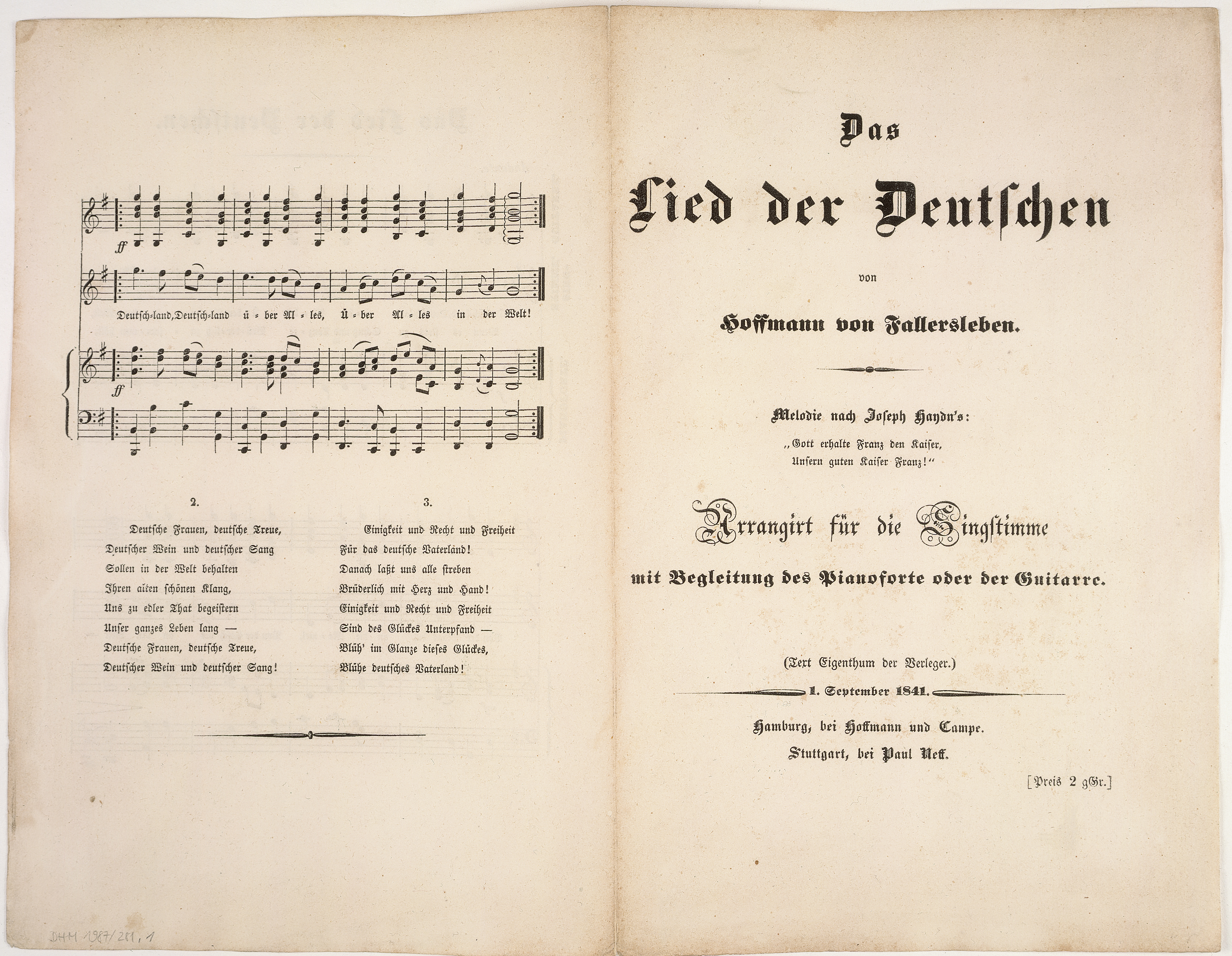 Textblatt "Das Lied der Deutschen" von Heinrich Hoffmann von Fallersleben