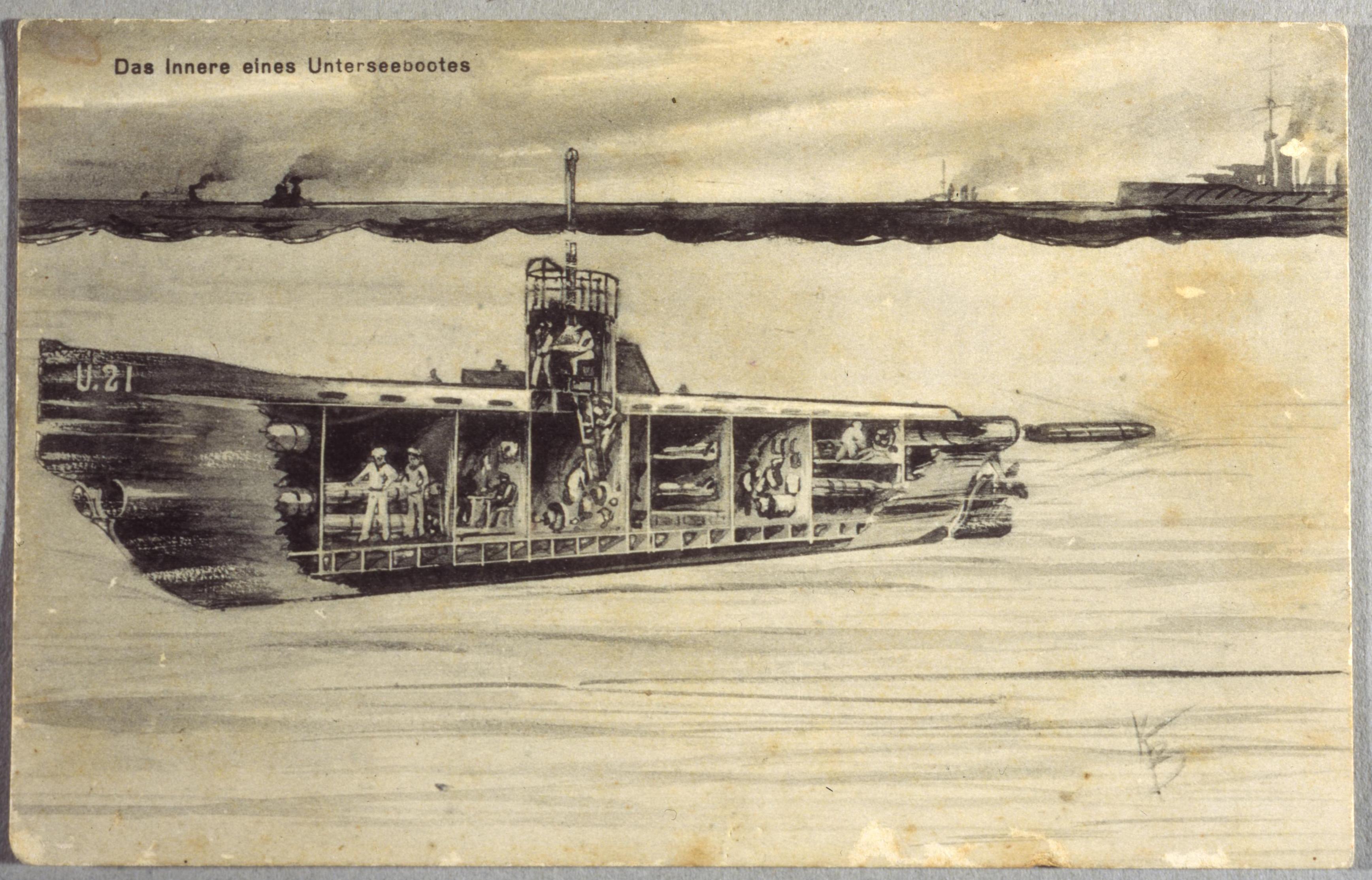 Postkarte: Innenansicht eines U-Boots, 1915