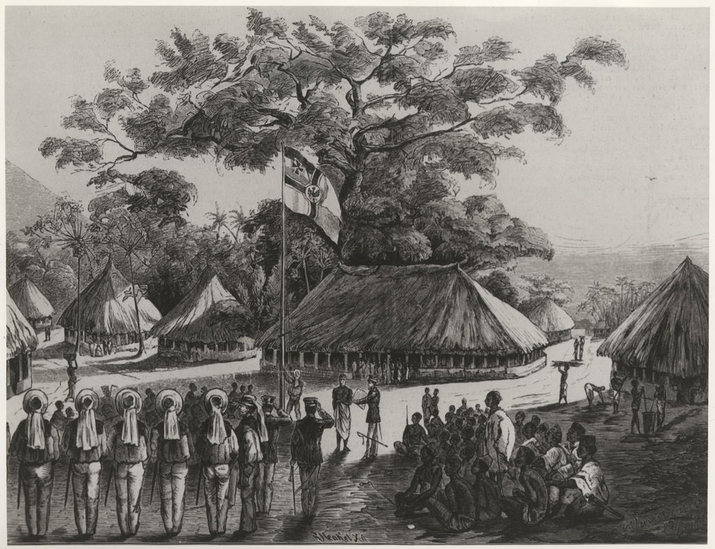 Zeichnung: Hissen der deutschen Fahne in Ostafrika, 1885