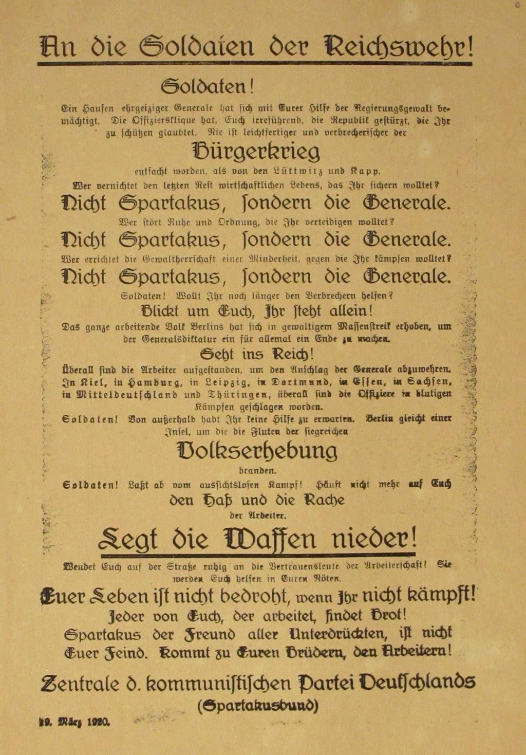 Flugblatt der KPD an die Reichswehrangehörigen, 1920