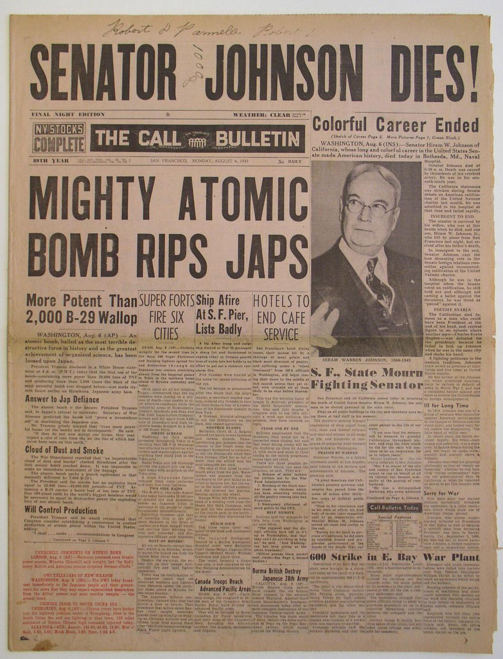 US-Abendzeitung zum Abwurf der Atombombe auf Hiroshima, 1945