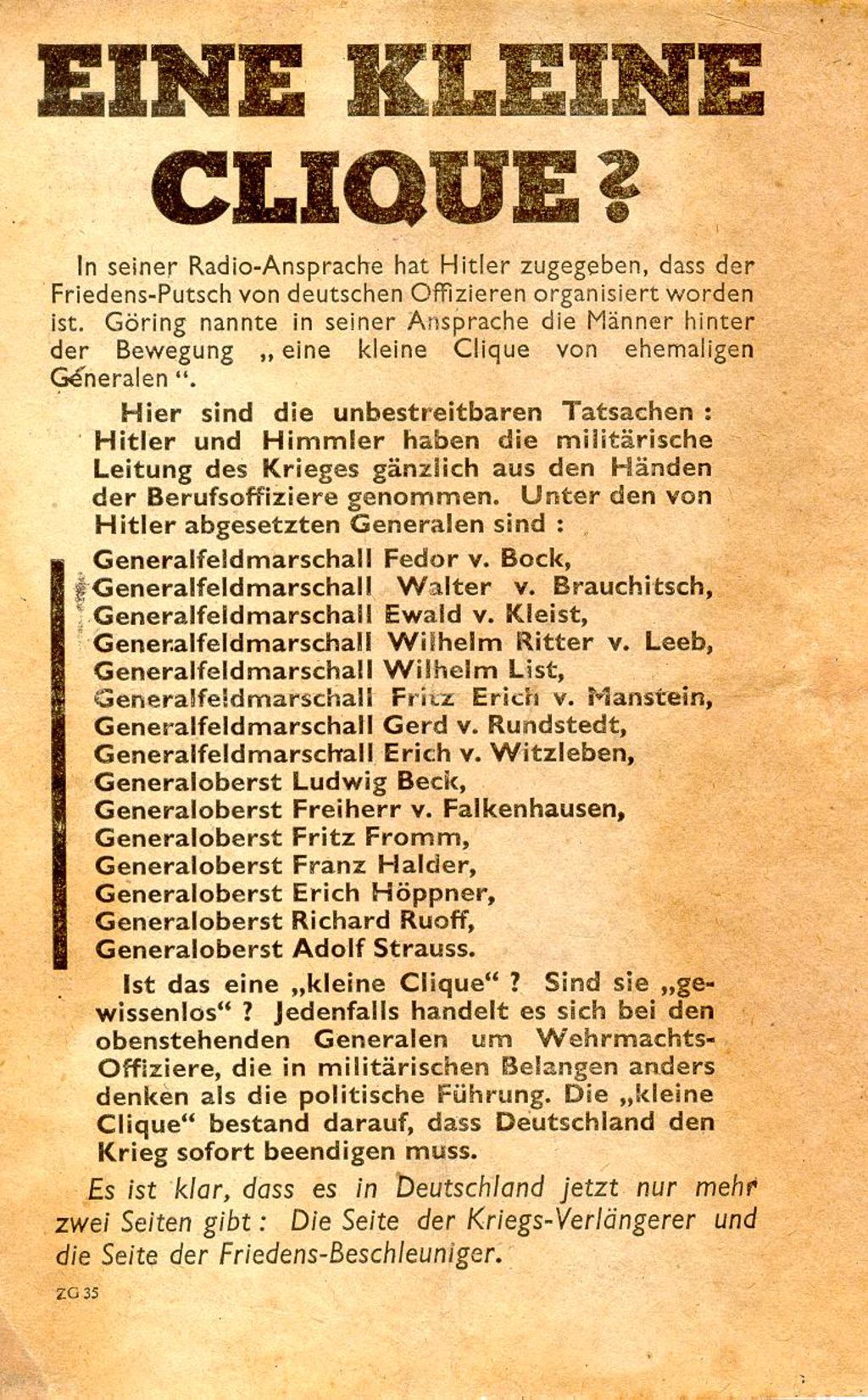 Flugblatt: "Eine kleine Clique?", 1944