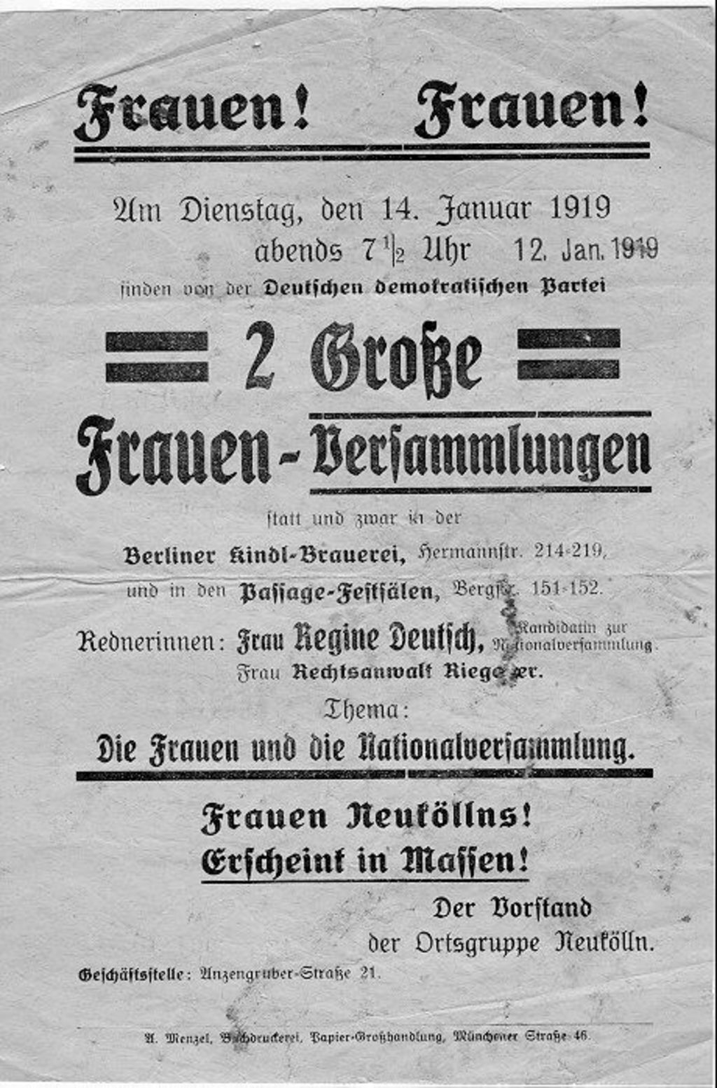 Exponat: Flugblatt: DDP-Aufruf zu einer Frauenversammlung, 1919