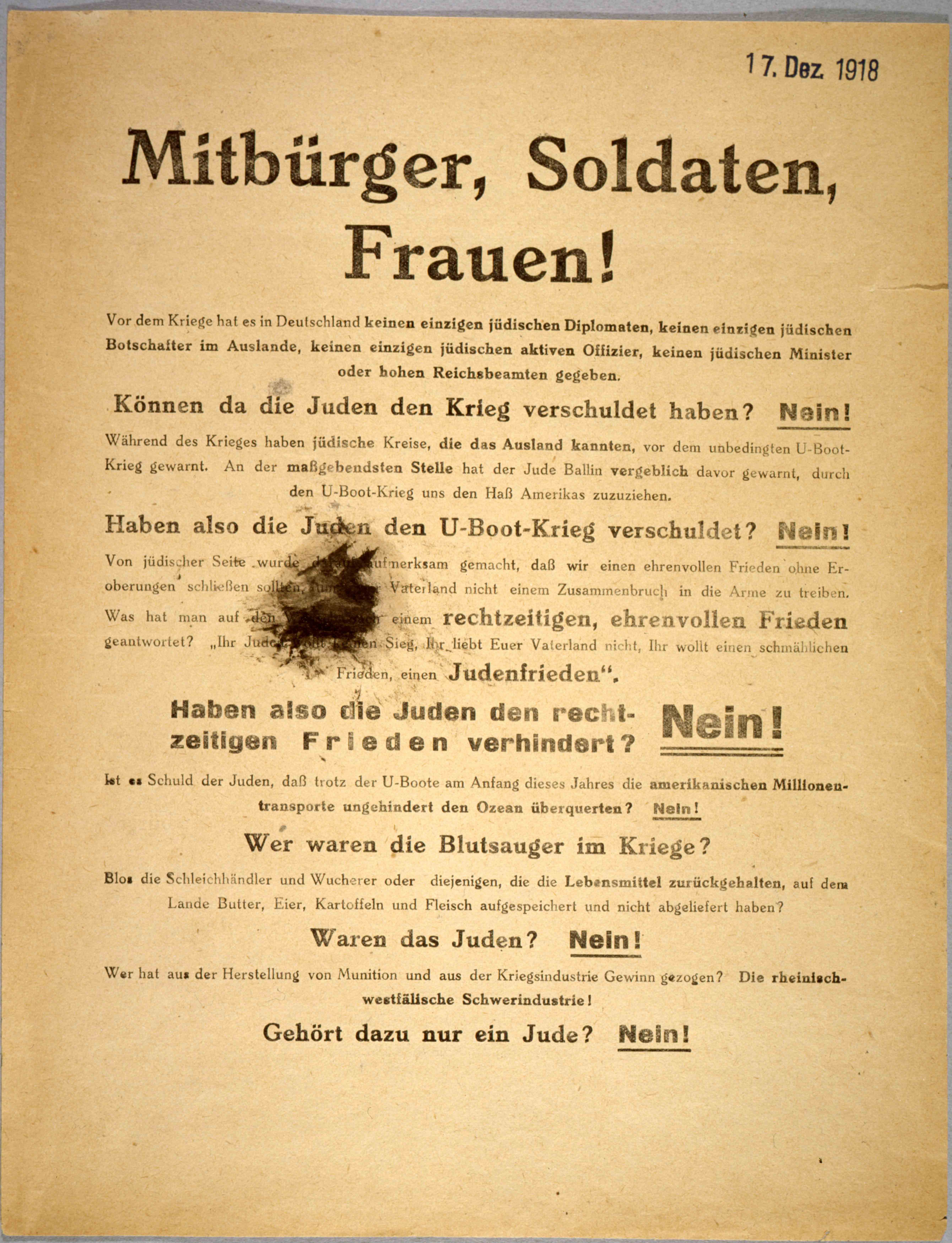 Flugblatt gegen die Verleumdungen über die Rolle der Juden im Ersten Weltkrieg, 1918