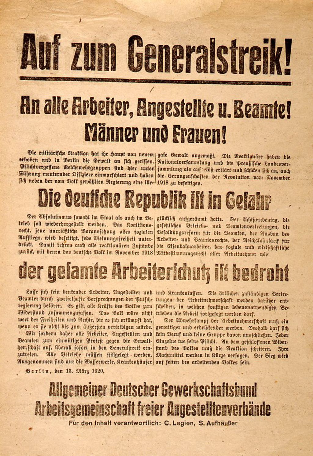 Exponat: Flugblatt: Aufruf des ADGB zum Generalstreik, 1920