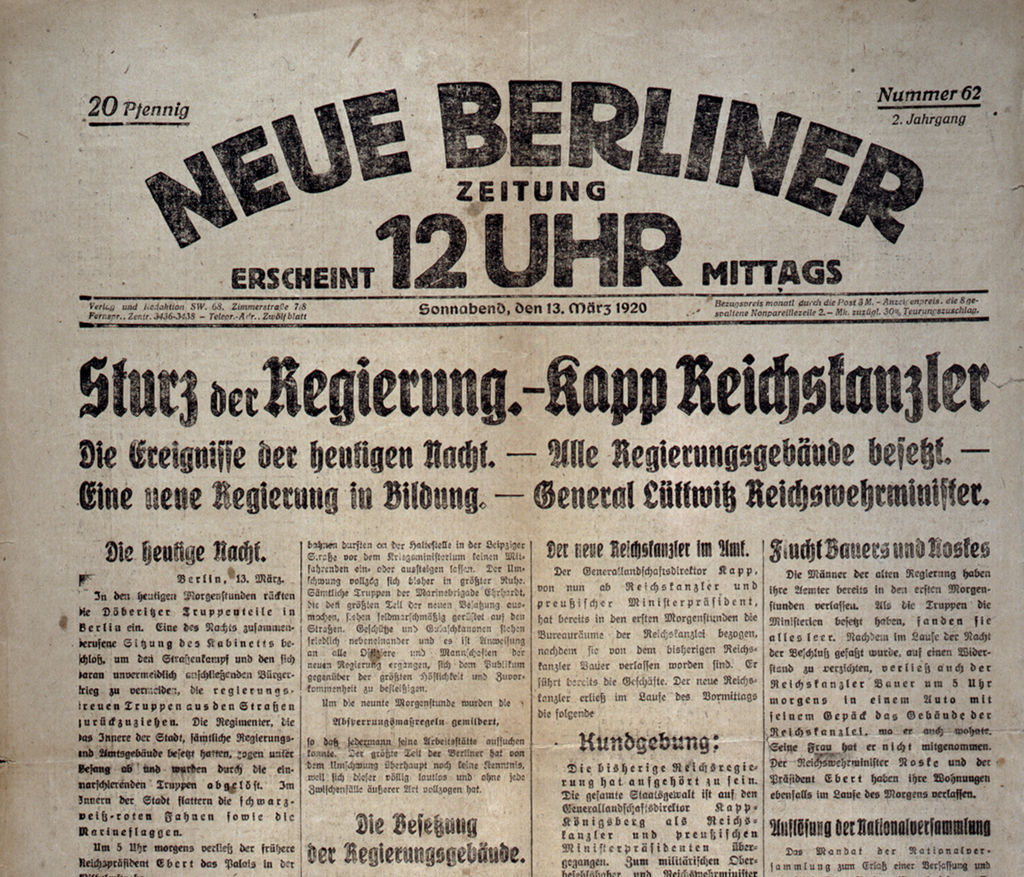 Zeitung: "Sturz der Regierung. - Kapp Reichskanzler" Neue Berliner Zeitung, 1920