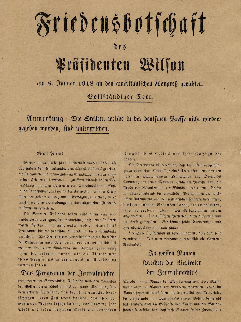 Exponat: Flugblatt: Friedensbotschaft von US-Präsident Wilson, 1918
