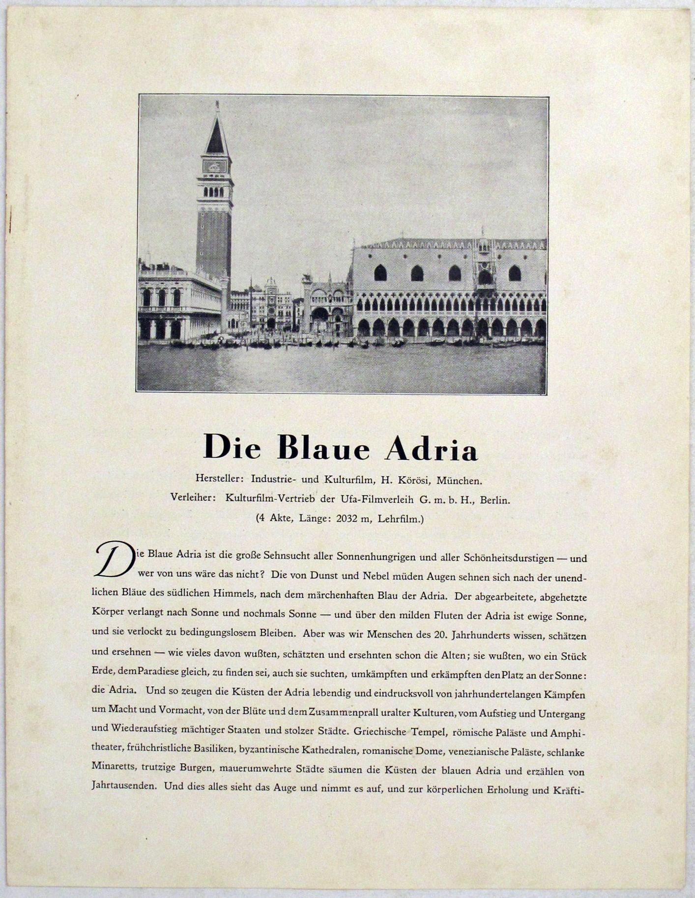 Programm zum Film "Die blaue Adria", 1930