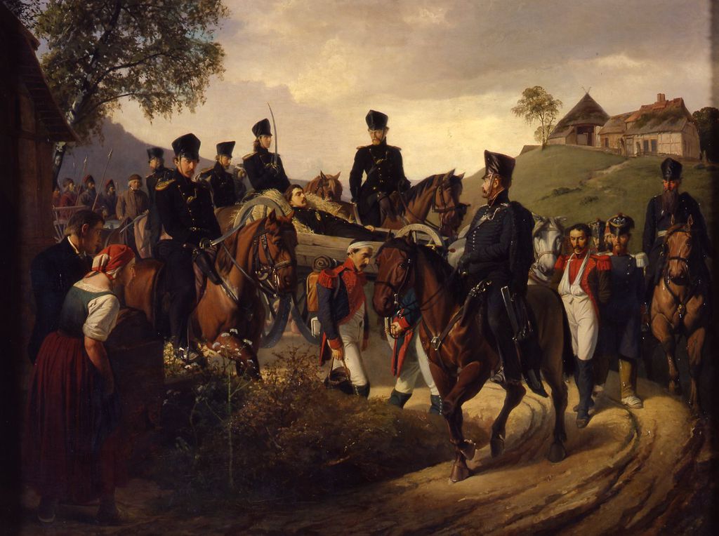 Gemälde: Rückführung des verwundeten Theodor Körner nach dem Gefecht bei Rosenow am 26. August 1813, wohl 1863