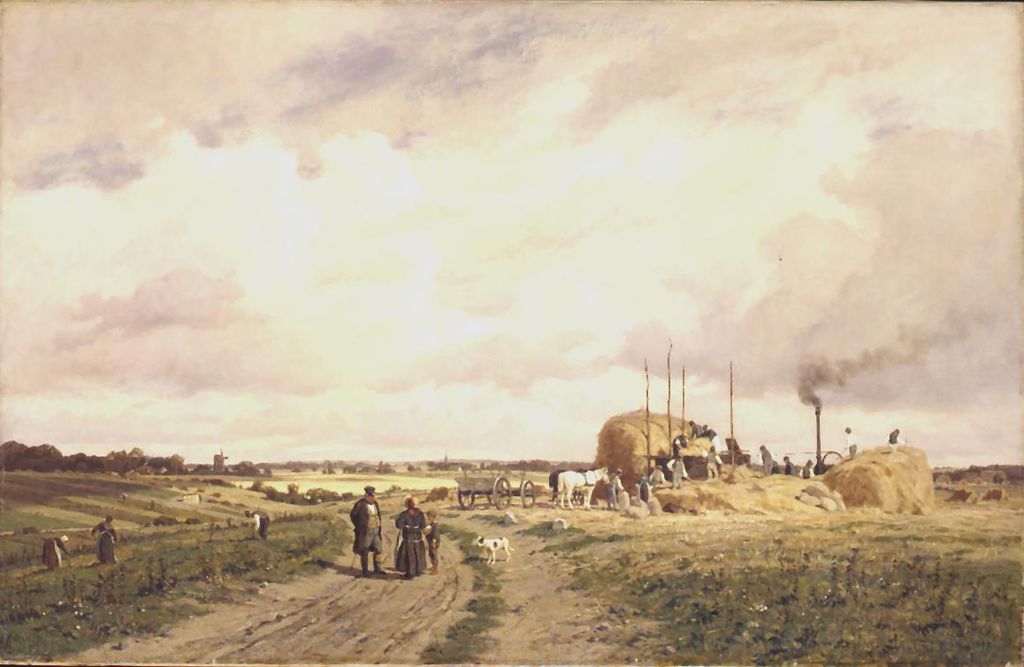 Exponat: Gemälde: Malchin, Carl Wilhelm Christian "Einsatz der ersten Dreschmaschine in Lankow bei Schwerin im Jahre 1882", 1882