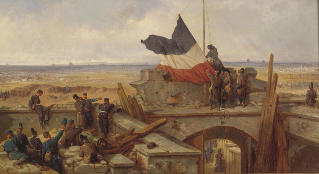 Exponat: Gemälde: "Aufhissen der schwarz-weiß-roten Fahne auf Fort Vanves ", 1878