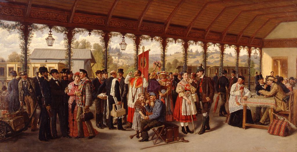 Exponat: Gemäde: "Wallfahrergruppe in der Bahnhofsvorhalle", 1870/1880