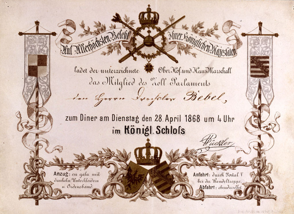 Dokument: Einladung zum Diner im Berliner Schloss für das Mitglied des Zoll-Parlaments August Bebel, 1868