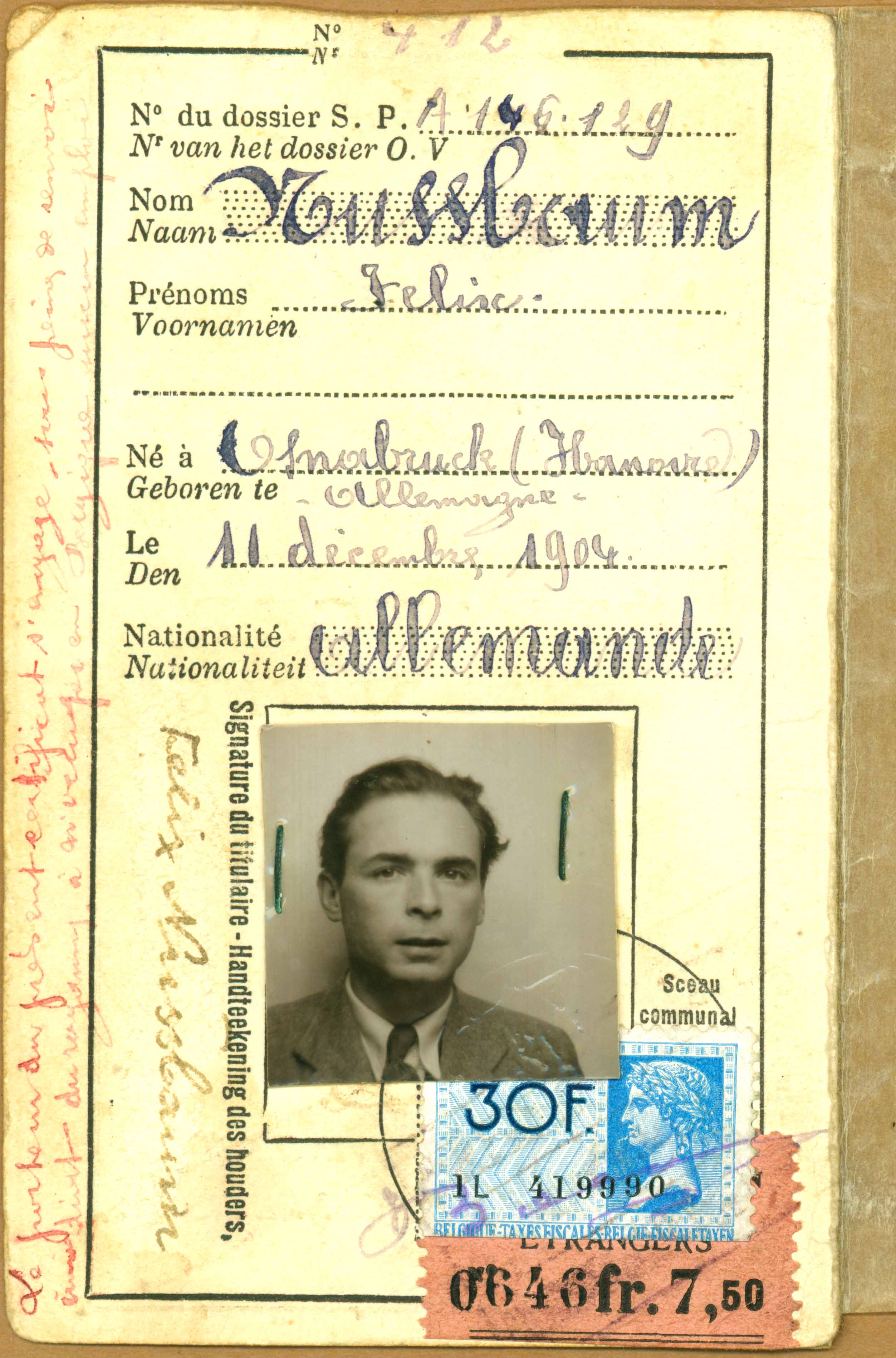 Fremdenpass von Felix Nussbaum, ausgestellt am 16. November 1935