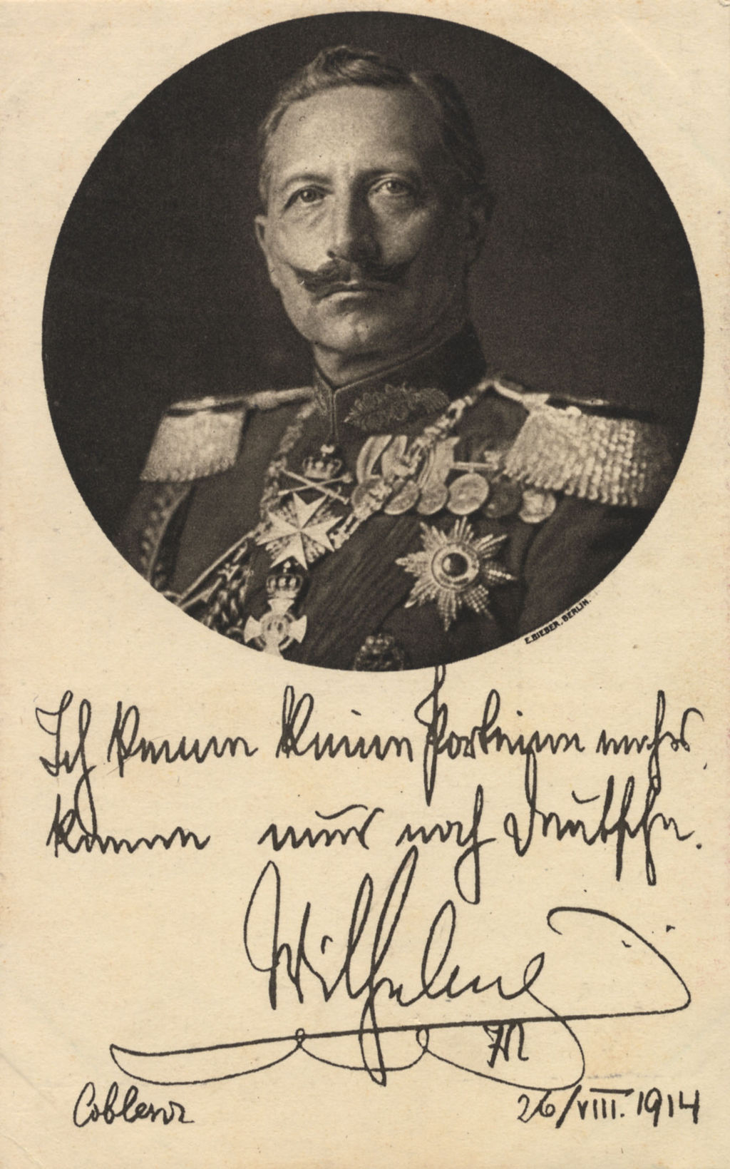 Postkarte: Porträt Wilhelms II. mit Ausspruch zum Kriegsbeginn, 1914