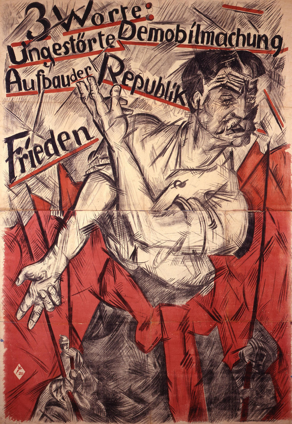Plakat: Heinrich Richter-Berlin "3 Worte: Ungestörte Demobilmachung / Aufbau der Republik / Frieden", 1918/19