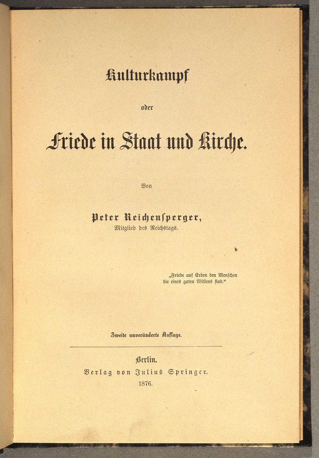 Exponat: Buch: Reichensperger, Peter "Kulturkampf oder Friede in Staat und Kirche", 1876